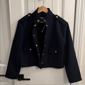 LOFT Navy Cropped Military-Style Jacket with Gold Buttons
